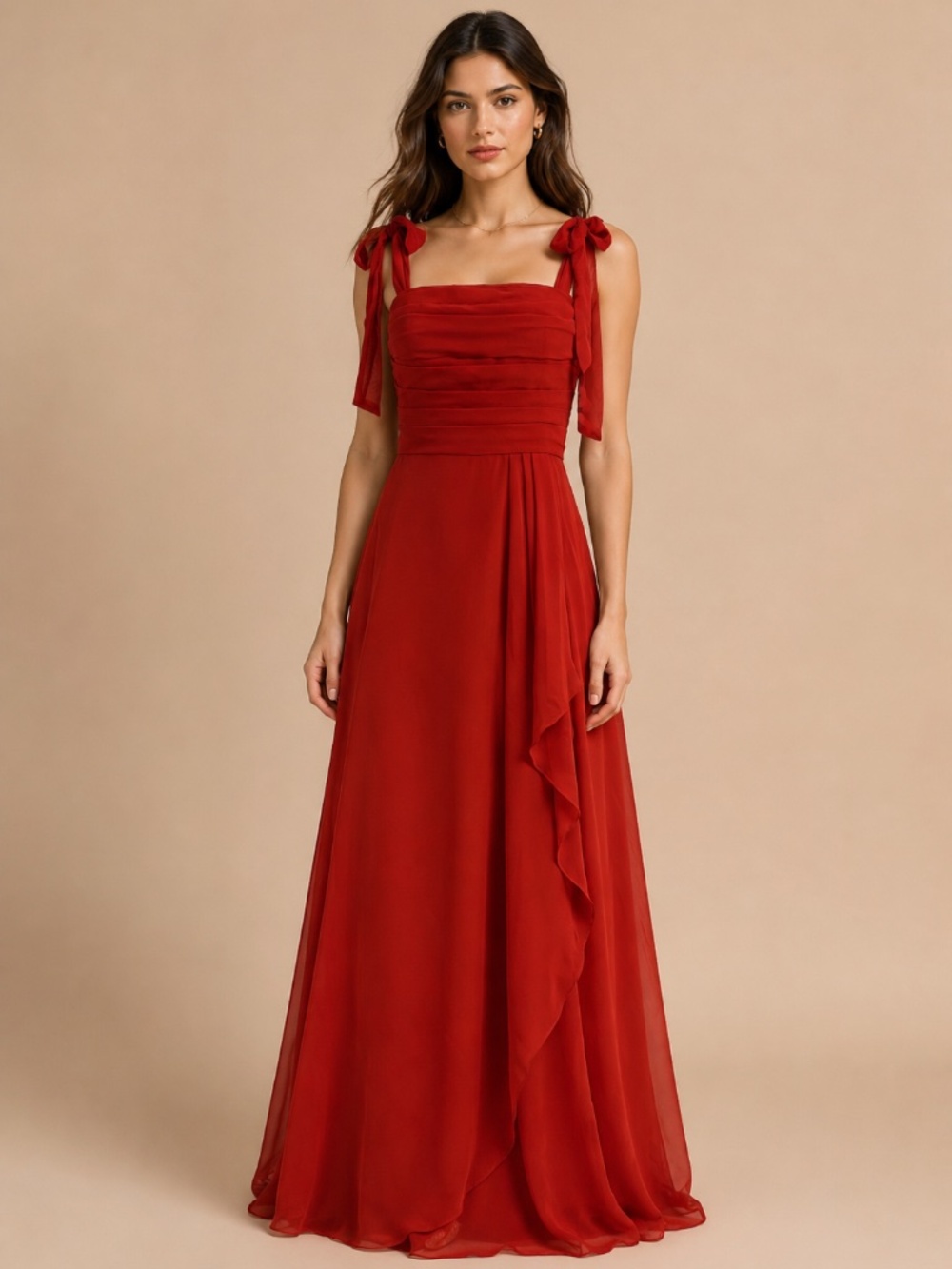 Red Chiffon Maxi Dress Tie Shoulder Lace Up Back Flowing Gown Size 8